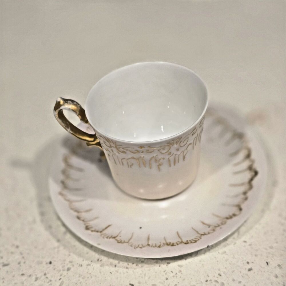 Limoges France Demitasse Cup And Saucer 2-3oz White Gold Hand Painted Gilt c1900